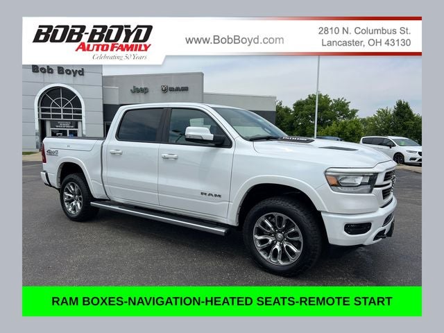 2020 RAM 1500 Laramie in Ivory White Tri-Coat Pearlcoat — front three-quarter view