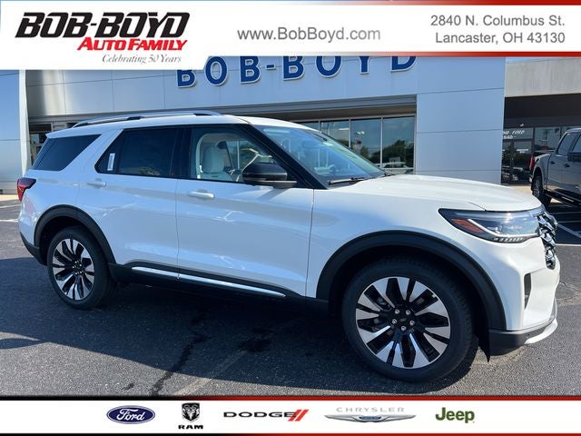 2026 Ford Explorer Platinum in Star White Metallic Tri-Coat — front three-quarter view