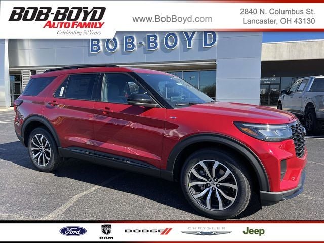 2026 Ford Explorer ST-Line in Rapid Red Metallic Tinted Clearcoat — front three-quarter view