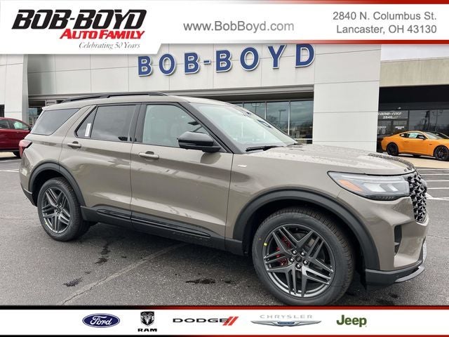 2026 Ford Explorer ST-Line in Marsh Gray — front three-quarter view