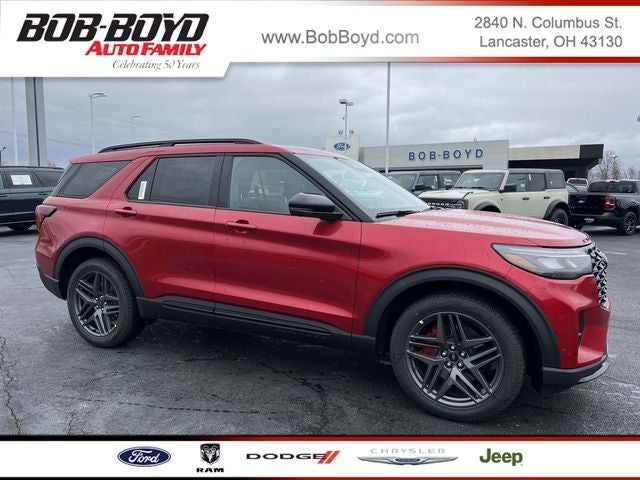 2026 Ford Explorer ST in Rapid Red Metallic Tinted Clearcoat — front three-quarter view