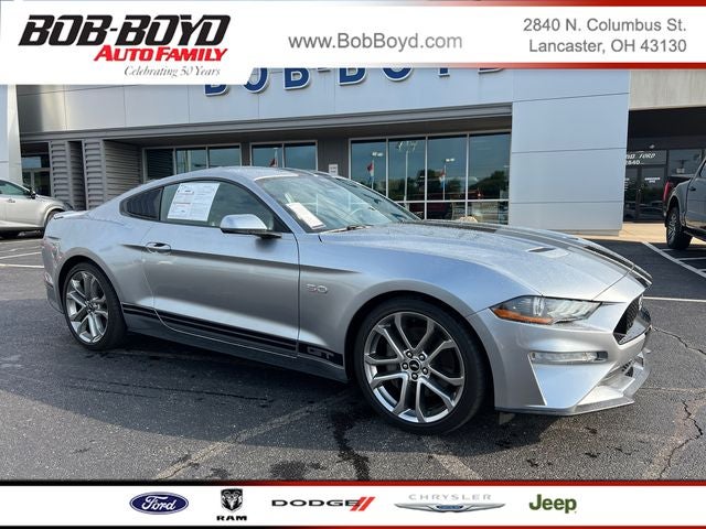 2021 Ford Mustang GT Premium in Iconic Silver Metallic — front three-quarter view